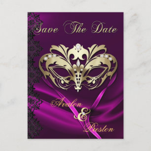 Carte Postale Faire-part Gold Masquerade Pink Jewel Enregistrer La Date Car
