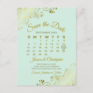 Carte Postale Faire-part Gold & Mint Green Wedding Enregistrer le calendrie