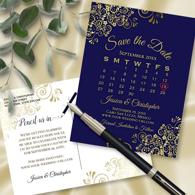 Carte Postale Faire-part Gold & Navy Blue Wedding Enregistrer le calendrier (Front/Back)