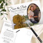 Carte Postale Faire-part Gold Ochre Rose Oval Photo Wedding Enregistrer La<br><div class="desc">Ces belles cartes postales sont une merveilleuse façon de faire savoir à vos amis et votre famille de sauver la date pour votre prochain mariage. Elles présentent un design élégant, élégant et romantique, avec un seul rose couleur or ocre ou jaune moutarde réfléchissant dans un bassin d'eau, et votre photo...</div>