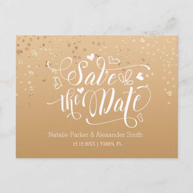 Carte Postale Faire-part Gold Pailleté | Save The Date (Devant)