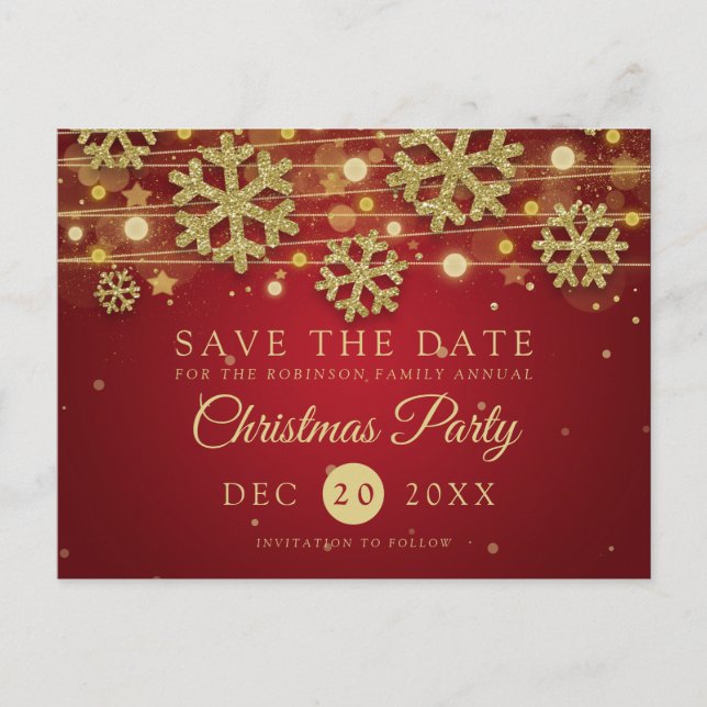 Carte Postale Faire-part Gold & Red Christmas Party Enregistrer la Parties  (Devant)