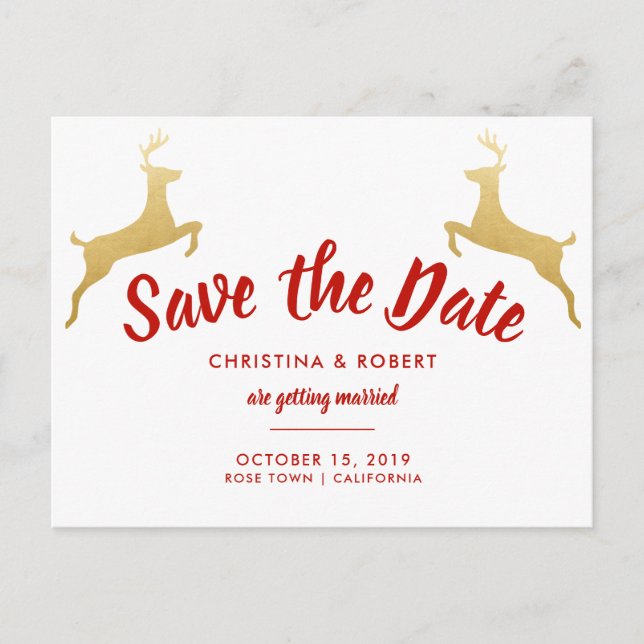 Carte Postale Faire-part Gold Reindeer | Noël | "Save the date" pour mariag (Devant)