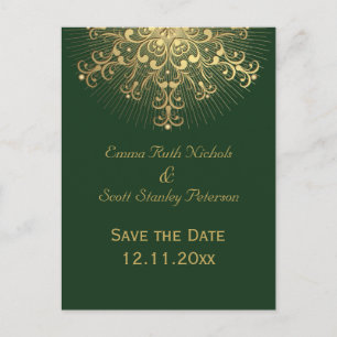 Carte Postale Faire-part Gold snowflake mariage hiver vert Enregistrer la d