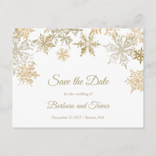 Carte Postale Faire-part Gold Snowflakes Élégant hiver Enregistrer la date