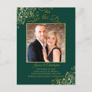 Carte Postale Faire-part Gold sur Emerald Green Wedding Enregistrer la phot