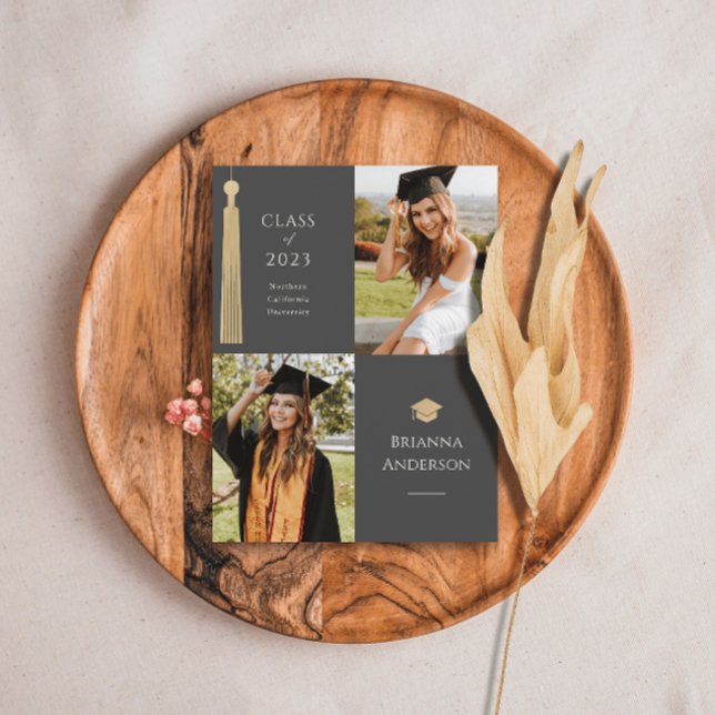 Carte Postale Faire-part Gold Tassel & Casquette 2 Photo Grey Graduation (Créateur téléchargé)