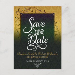 Carte Postale Faire-part Golde Green Damask Elegance Enregistrer la date Ca