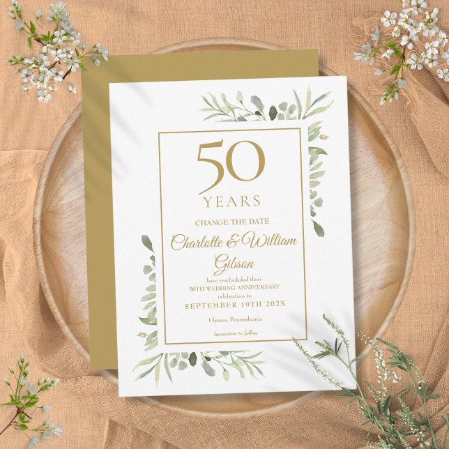 Carte Postale Faire-part Golden 50th Anniversary Change the Date Green (Golden 50th Anniversary Change the Date Greenery Announcement Postcard)