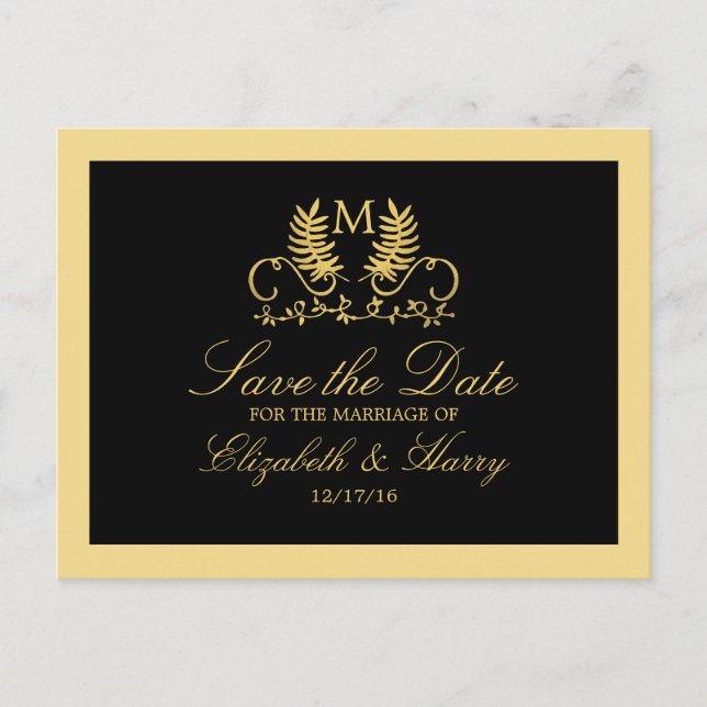 Carte Postale Faire-part Golden Floral Emblem Mariage Enregistrer La Date (Devant)