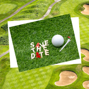 Carte Postale Faire-part Golf Sauvez la date avec balle de golf et tee