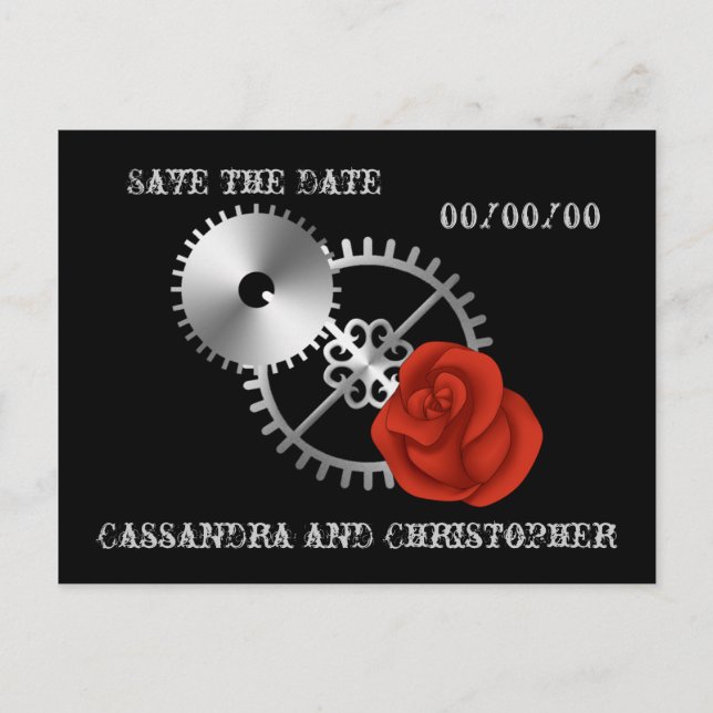 Carte Postale Faire-part Goth steampunk roses victoriens Enregistrer la dat (Devant)