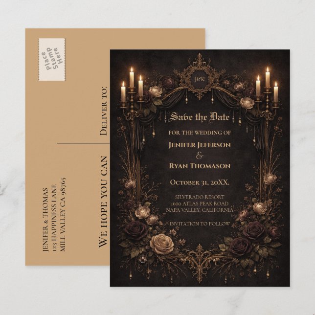 Carte Postale Faire-part Gothic halloween wedding save the date postcard (Devant / Derrière)