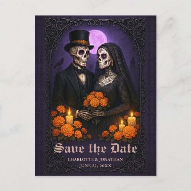 Carte Postale Faire-part Gothic Skull Candy Couple Wedding Save the Date (Devant)