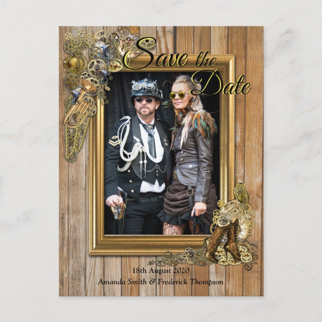 Carte Postale Faire-part Gothique - Steampunk sur bois Enregistrer la date (Devant)
