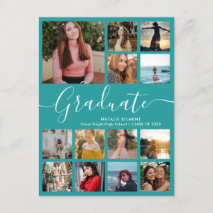 Carte Postale Faire-part Graduate 13 Photo Collage Turquoise & blanc Gradua