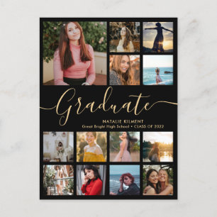 Carte Postale Faire-part Graduate 14 Photo Collage Black & Gold Graduation