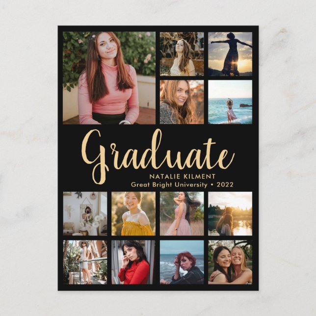 Carte Postale Faire-part Graduate 14 Photo Collage Black & Gold Graduation (Devant)