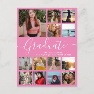 Carte Postale Faire-part Graduate 14 Photo Collage rose et blanc Graduation