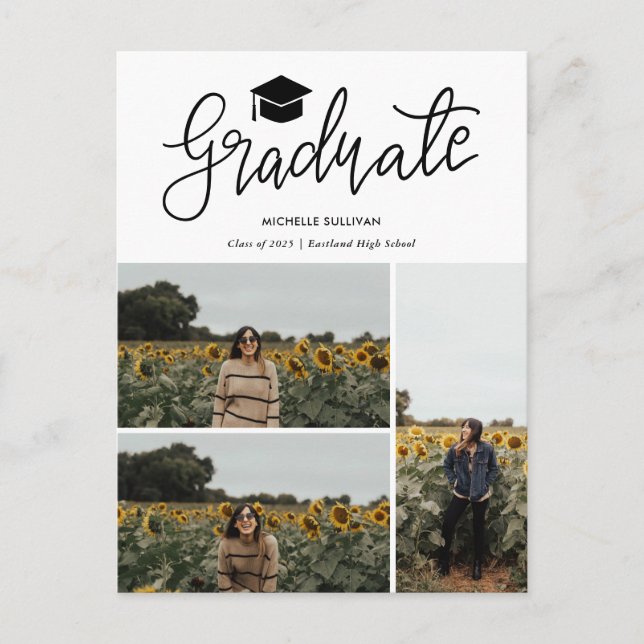 Carte Postale Faire-part Graduate Script | Three Grad Photo Collage (Devant)