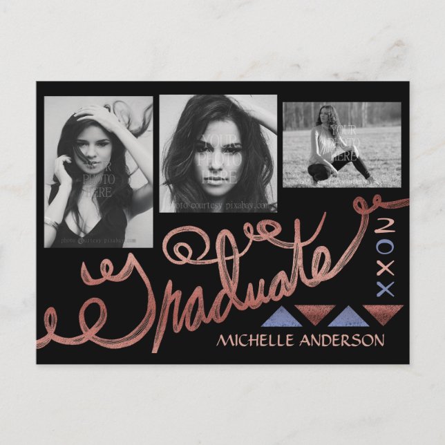 Carte Postale Faire-part Graduation 2023 Photo Collage Faux Rose Gold Foil (Devant)