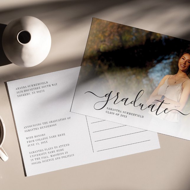 Carte Postale Faire-part Graduation 2025 Photos Modernes Grad (Script 2024 Graduation Photo Announcement Postcard)