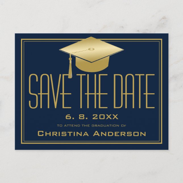 Carte Postale Faire-part Graduation Enregistrer la date Chic Blue Gold Casq (Devant)