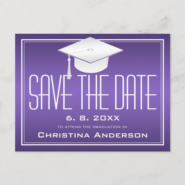 Carte Postale Faire-part Graduation Enregistrer la date Chic Purple Casquet (Devant)