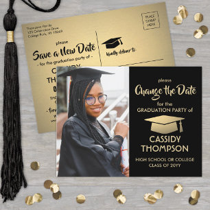 Carte Postale Faire-part Graduation Modifier la date Photo Black Gold Mise 