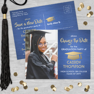 Carte Postale Faire-part Graduation Modifier la date Photo Blue Gold Mise à