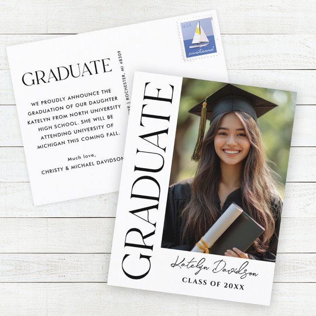 Carte Postale Faire-part Graduation photo moderne Black Custom Graduate (Créateur téléchargé)