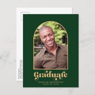 Carte Postale Faire-part Graduation photo moderne Green et Gold Arch