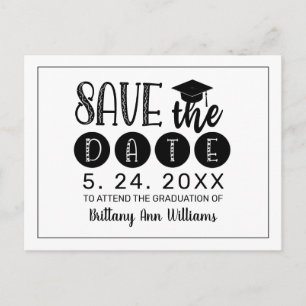 Carte Postale Faire-part Graduation Sauvez la date Typographie noire Blanc