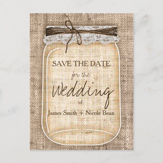 Carte Postale Faire-part Grand pot Mason & dentelle de toile de jute Rustiq (Devant)