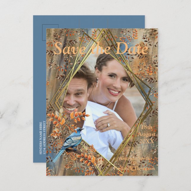 Carte Postale Faire-part Grands arbres, feuilles d'automne et merles bleus. (Devant / Derrière)