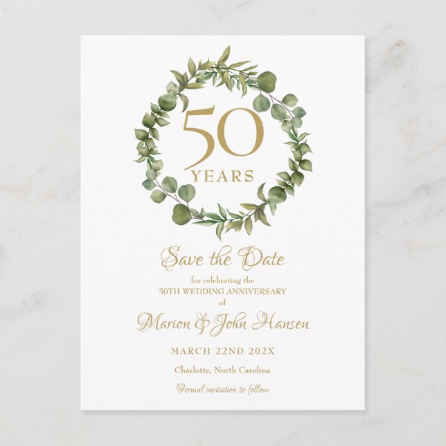 Carte Postale Faire-part Green Garland 50e anniversaire Enregistrer la date (Devant)