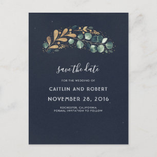 Carte Postale Faire-part Green, Navy Blue et Gold Vintage Enregistrer la da