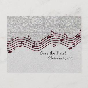Carte Postale Faire-part Grey Damask Red Music Enregistrer la date