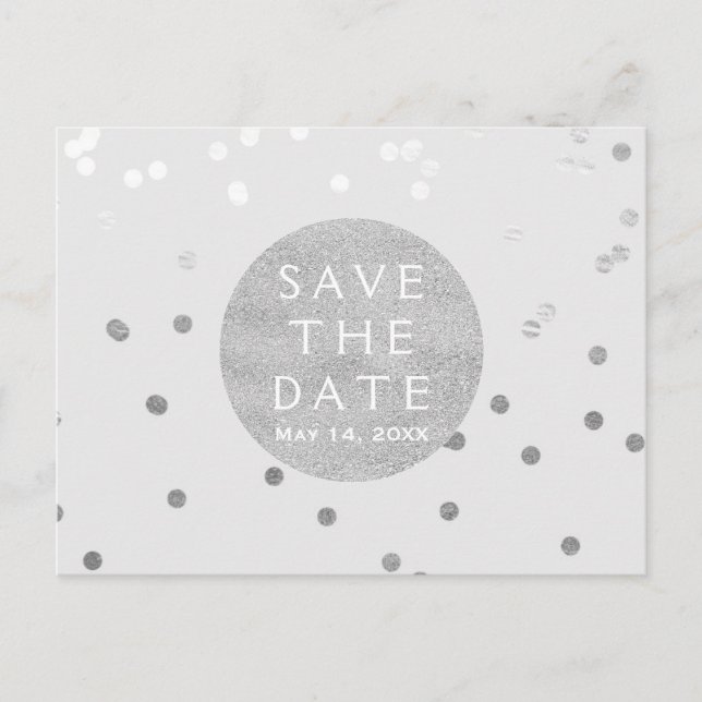 Carte Postale Faire-part Gris et argent brillant confettis points Save The  (Devant)