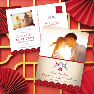 Carte Postale Faire-part Grues en papier rouges et bleus Mariage asiatique