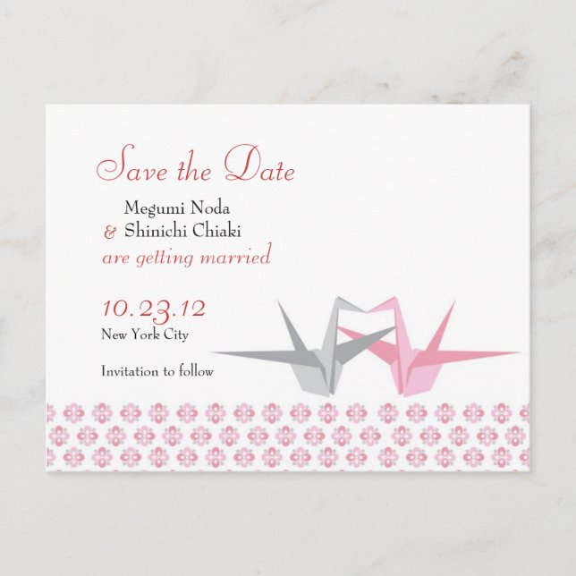 Carte Postale Faire-part Grues Origami (Argent Rose) Mariage S (Devant)