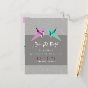 Carte Postale Faire-part Grues Papier Purple & Vert Origami Sauvegardez La