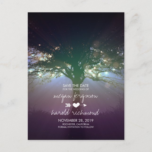 Carte Postale Faire-part Guirlande Lumineuse Arbre Rustique Save the Date (Devant)