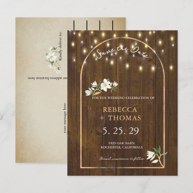 Carte Postale Faire-part Guirlande Lumineuse Dorée en Arches Rustiques Magn (Devant / Derrière)