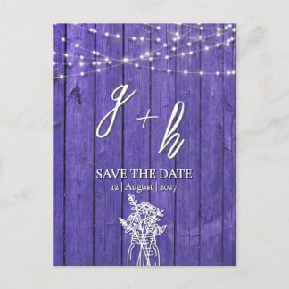 Carte Postale Faire-part Guirlande lumineuse en bois rustique violet Bohème