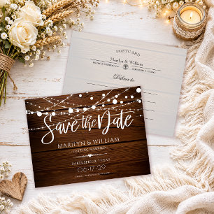 Carte Postale Faire-part Guirlande Lumineuse Mariage Bois Rustique Save The