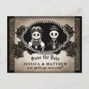 Carte Postale Faire-part Halloween Mariage Brown Skeletons antiques