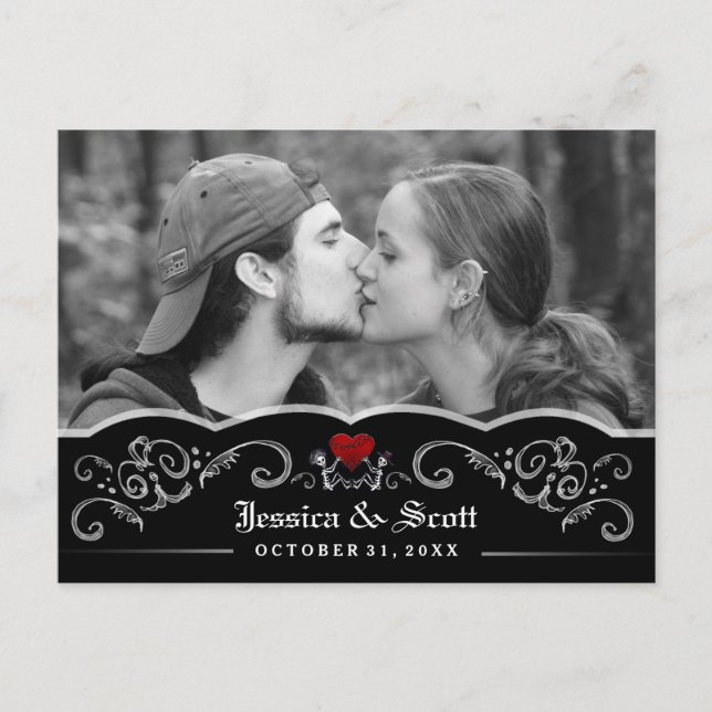 Carte Postale Faire-part Halloween Mariage Skeletons Heart Photo Date de sa (Devant)