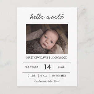 Carte Postale Faire-part Hello World   Photo de nouveau-né