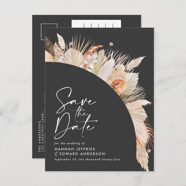 Carte Postale Faire-part Herbe de pampas botanique noire élégante moderne (Devant / Derrière)